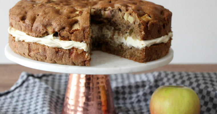 Whole grain apple cake with mascarpone icing